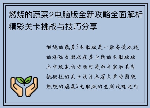 燃烧的蔬菜2电脑版全新攻略全面解析精彩关卡挑战与技巧分享