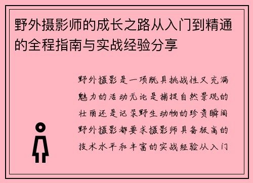 野外摄影师的成长之路从入门到精通的全程指南与实战经验分享