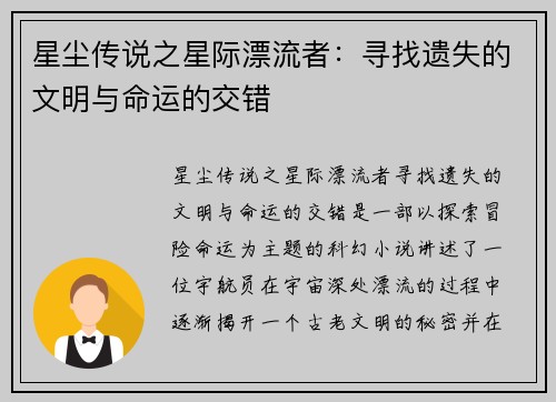 星尘传说之星际漂流者：寻找遗失的文明与命运的交错